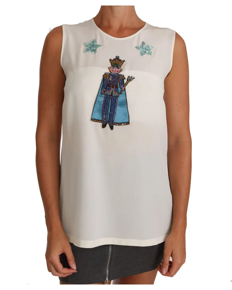 Dolce & Gabbana Weißes Seiden-Crystal Pailletten-Fairy T-Shirt Mehrfarbig