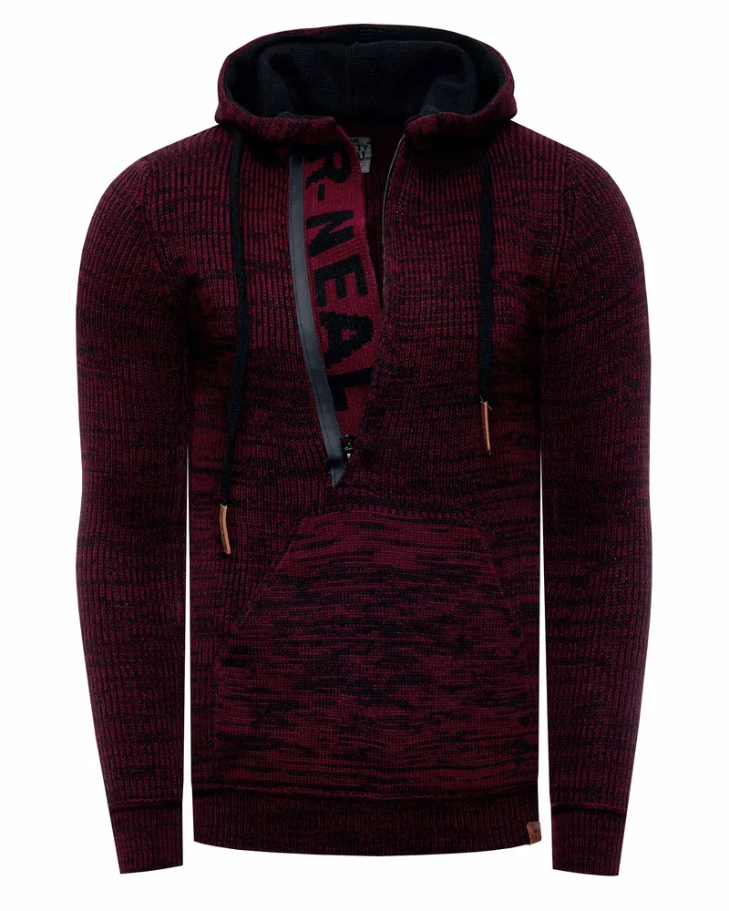 Rusty Neal 1/2 Zip Grobstrick Slim Fit Kapuzen-Pullover Weinrot