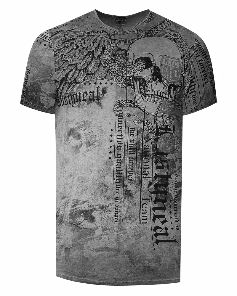 Rusty Neal Biker T-Shirt Verwaschen mit All Over Prints Dunkelgrau