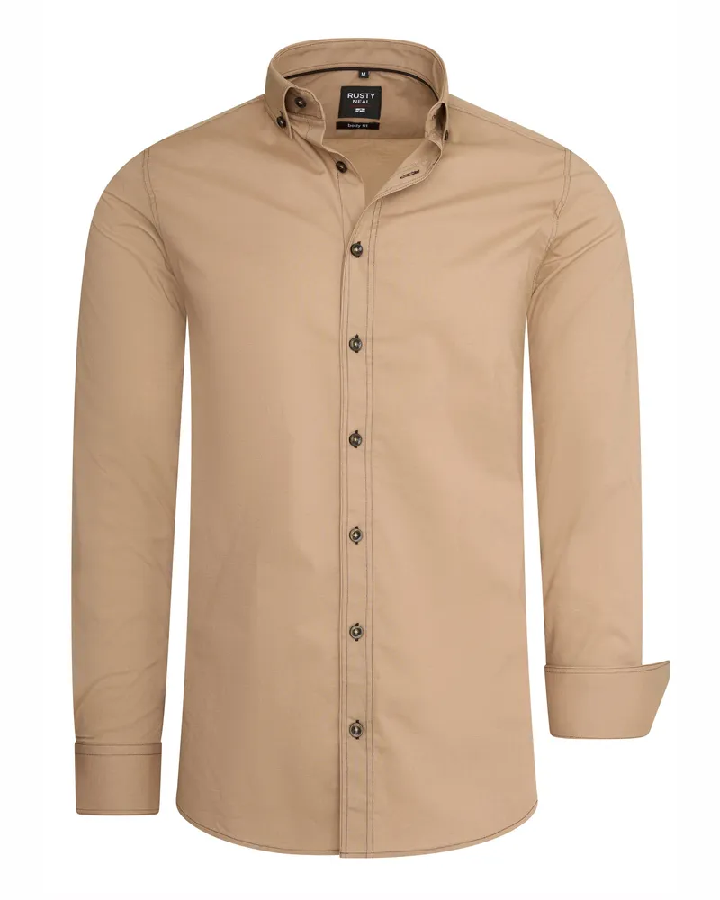 Rusty Neal Langarm Slim Fit Hemd mit Kontrast-Naht Camel