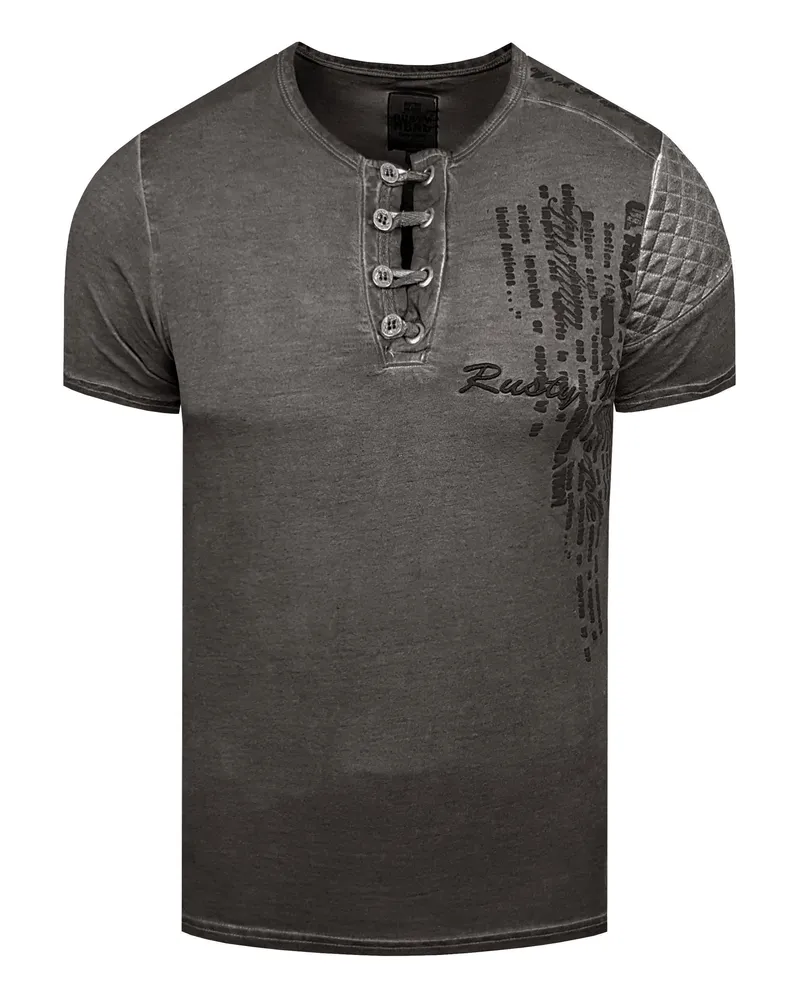 Rusty Neal Oil-Washed T-Shirt mit Knopfleiste Dunkelgrau