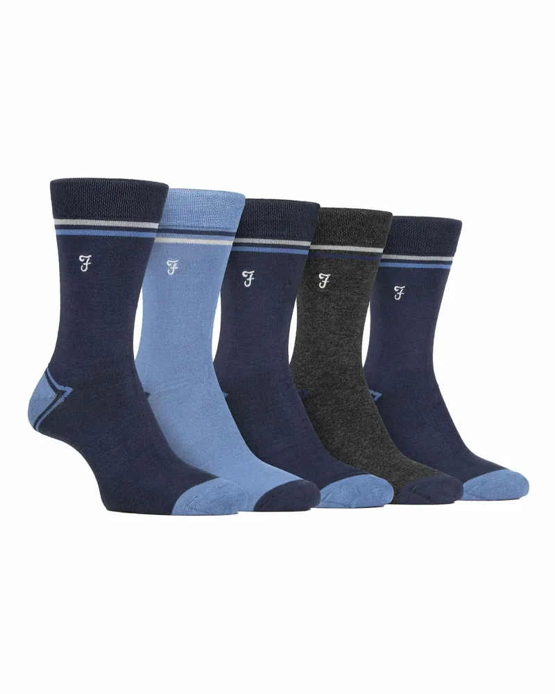 Farah 1920 5er-Pack Herren Socken aus Bambus mit buntem gestreiftem Muster Blau