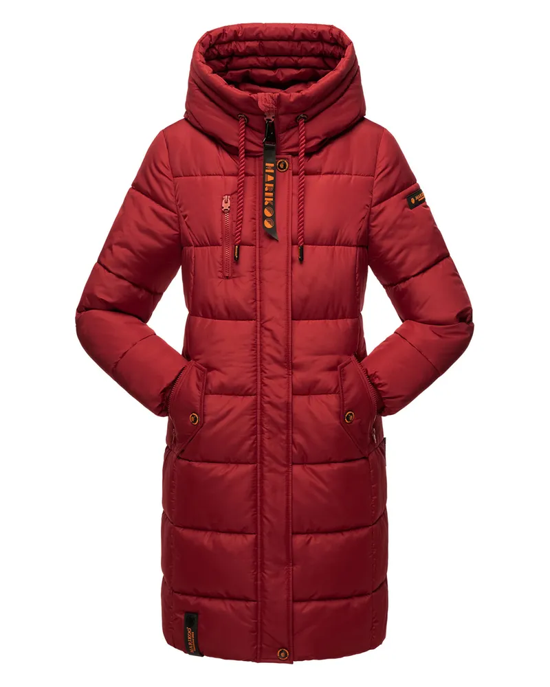 Marikoo Damen Winterjacke – Lange Steppjacke mit Kapuze & vielen Taschen Rot