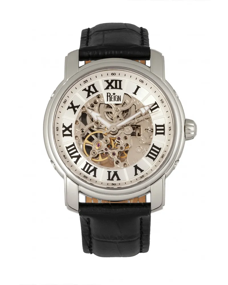 Reign Kahn Automatik-Skelettuhr mit Lederarmband Silber