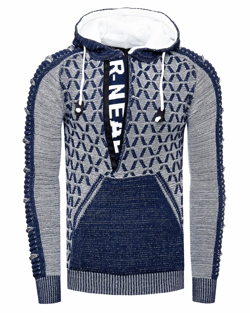 Rusty Neal 1/2 Zip Kontrast Grobstrick Kapuzen-Pullover Blau
