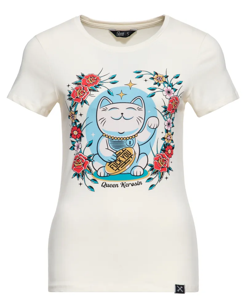 Queen Kerosin Damen T-Shirt Lucky Cat Wollweiß
