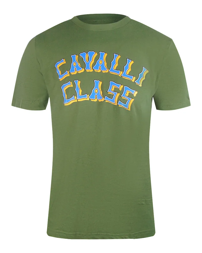 Roberto Cavalli T-shirt In Militärgrün Mit Mehrlagigem Logo Grün