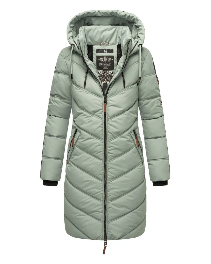 Marikoo Damen lange Steppjacke „Armasa“ mit Kapuze und Teddyfutter - Grün Grün