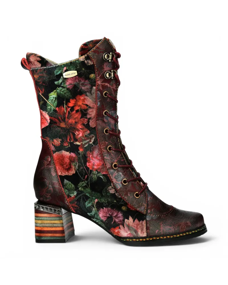 Laura Vita Goth Victorian Floral Wine Leather High Schnürstiefel für Frauen – Ibcano-15 Weinrot