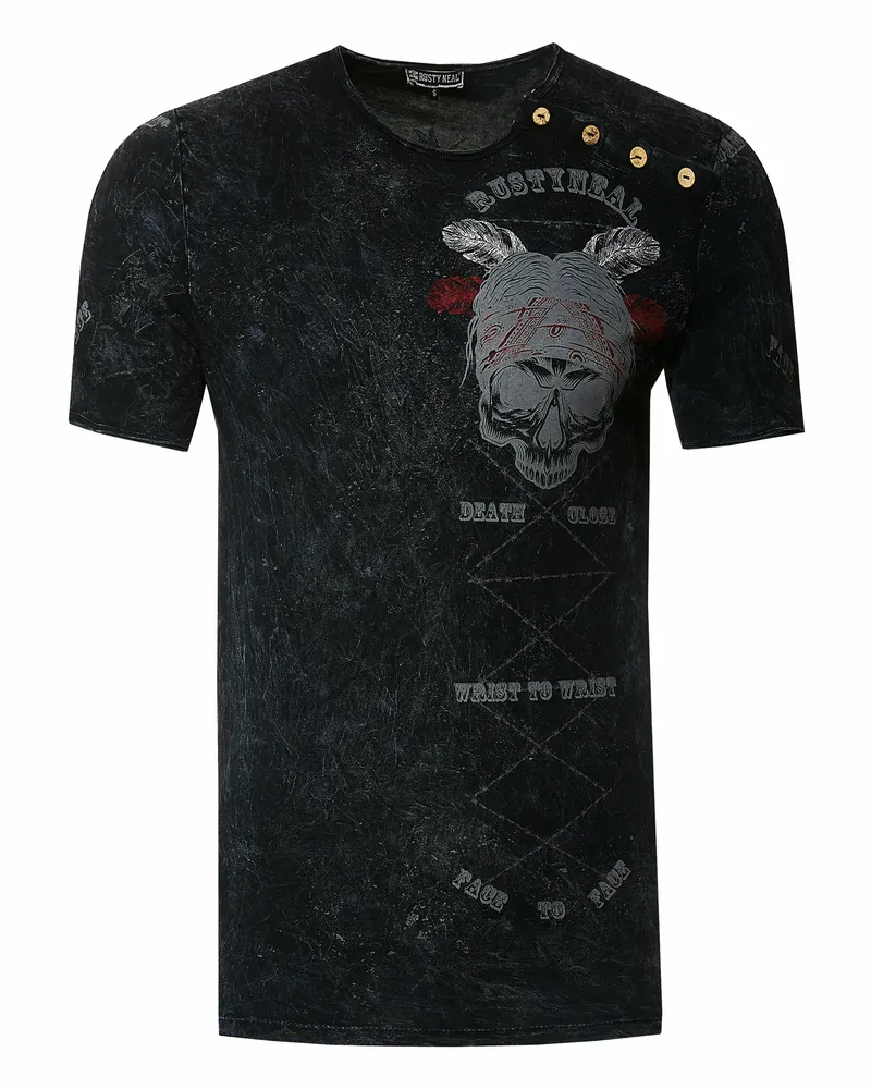 Rusty Neal Verwaschenes Rundhals T-Shirt mit Knopfleiste und Prints Schwarz