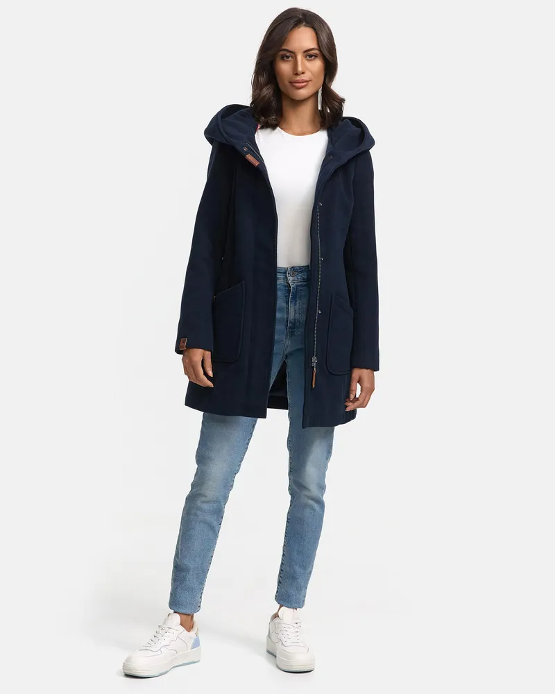 Marikoo Damen Wintermantel mit Kapuze und tailliertem Schnitt Blau