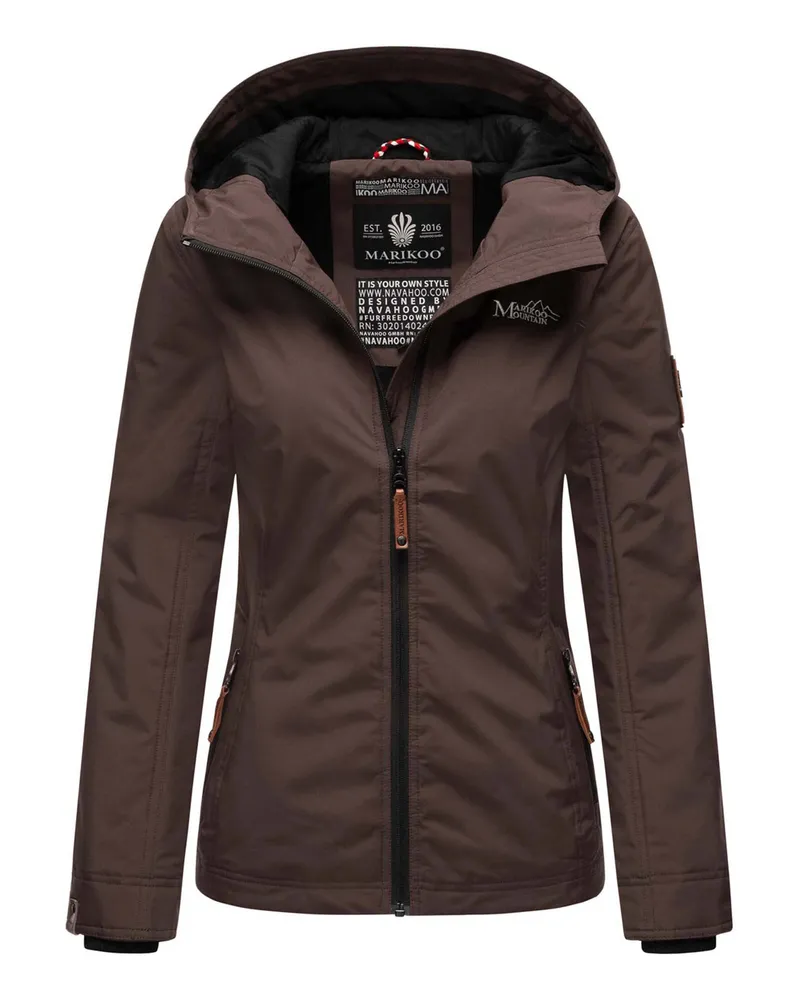 Marikoo Damen Übergangsjacke – Brombeere, leicht mit Kapuze & Kragen Braun