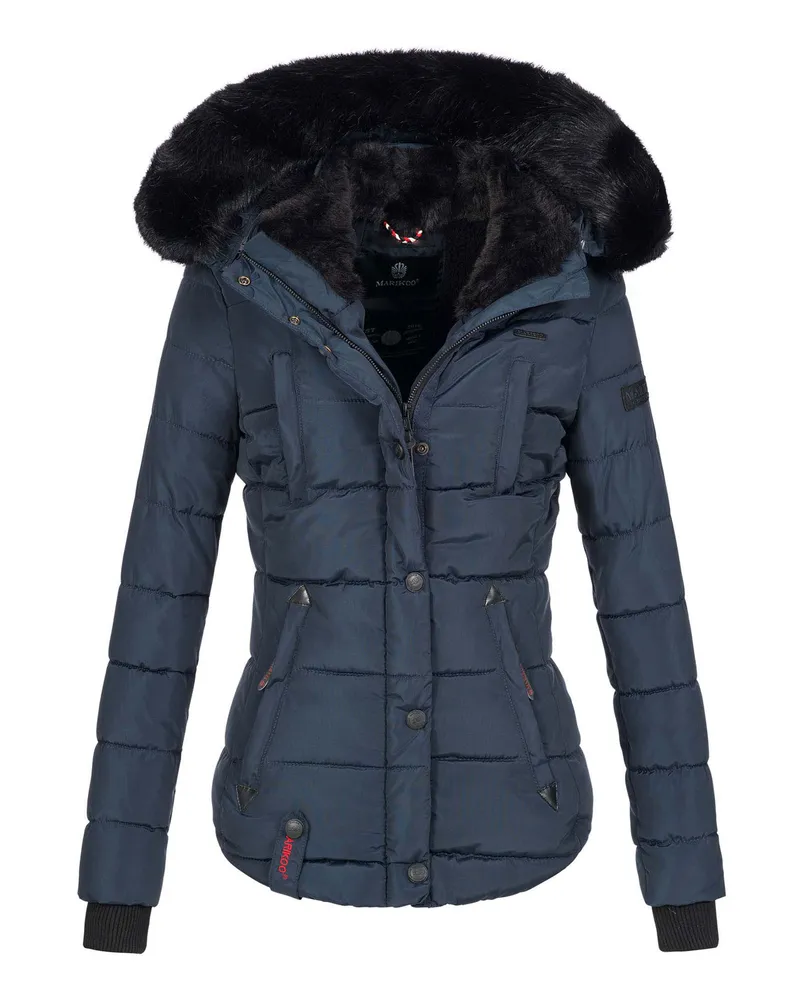 Marikoo Damen Winterjacke Lotusblüte mit Teddy-Innenfutter & Kunstfellkragen Blau