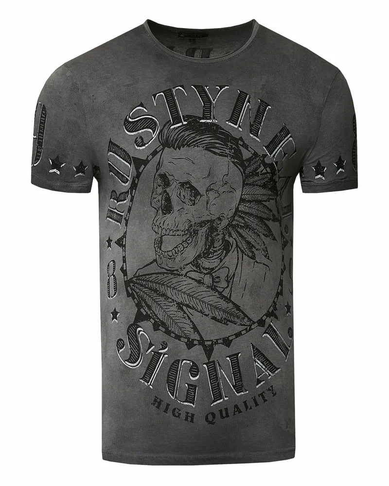 Rusty Neal T-Shirt Verwaschen mit Skull-Print Dunkelgrau