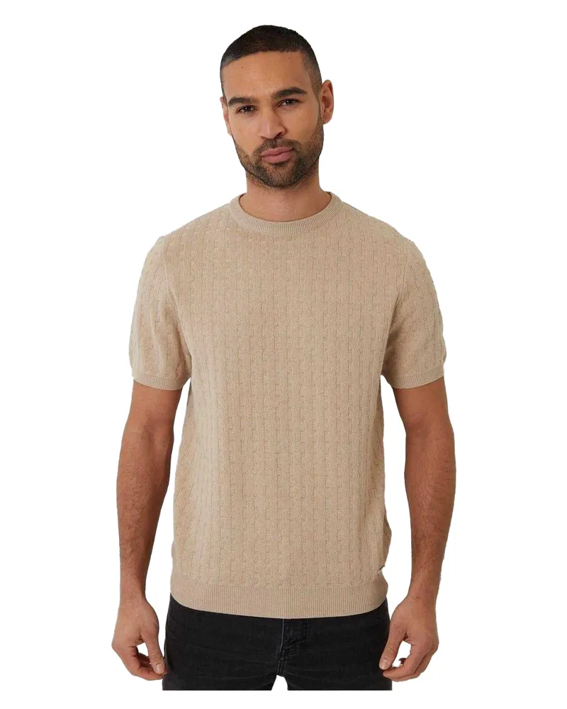 Threadbare T-Shirt für Herren, Rundhalsausschnitt, Mit Zopfmuster (Beige Beige