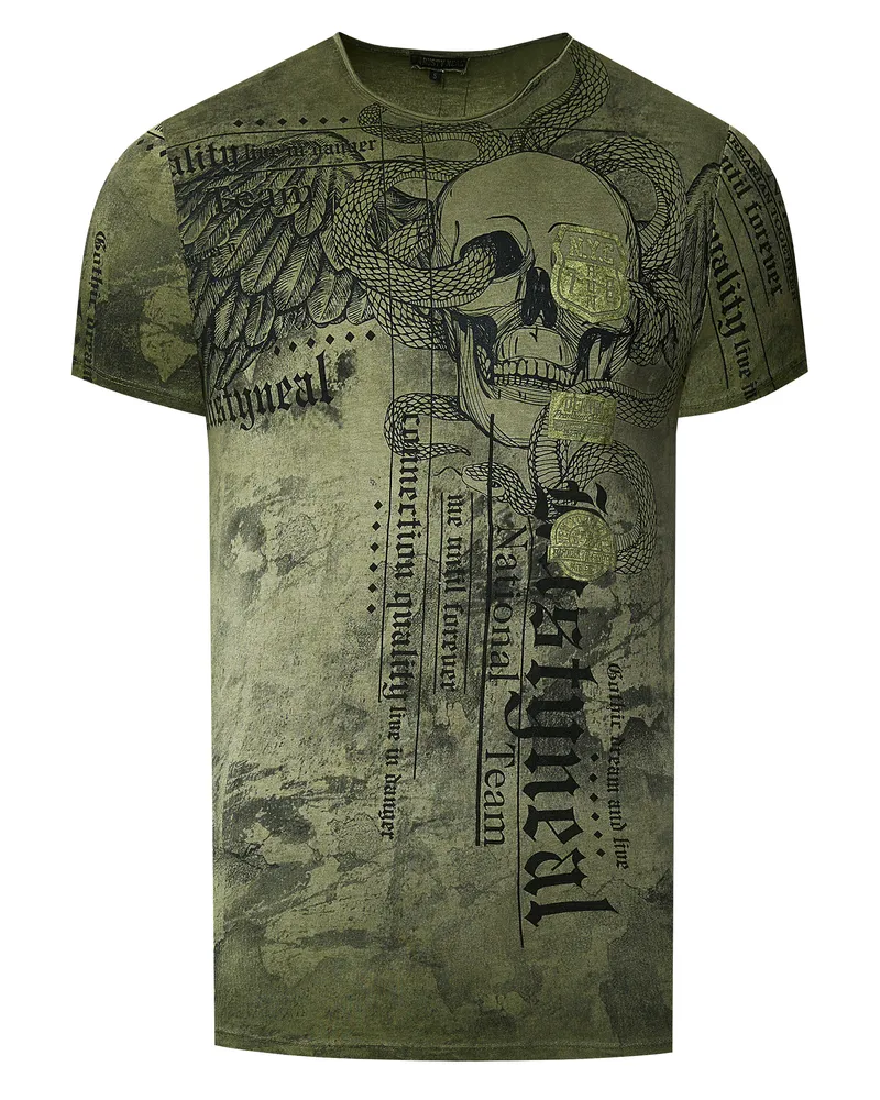 Rusty Neal Biker T-Shirt Verwaschen mit All Over Prints Khaki