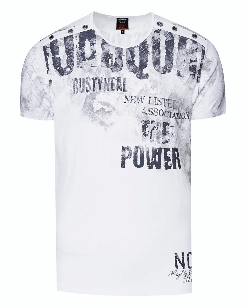 Rusty Neal Verwaschenes T-Shirt mit Doppelter Knopfleiste Weiß