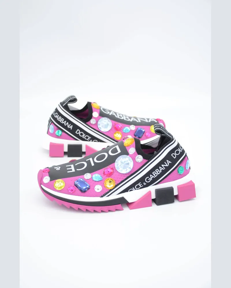Dolce & Gabbana Pink Black Crystal Womens Sneakers Shoes Rosa
