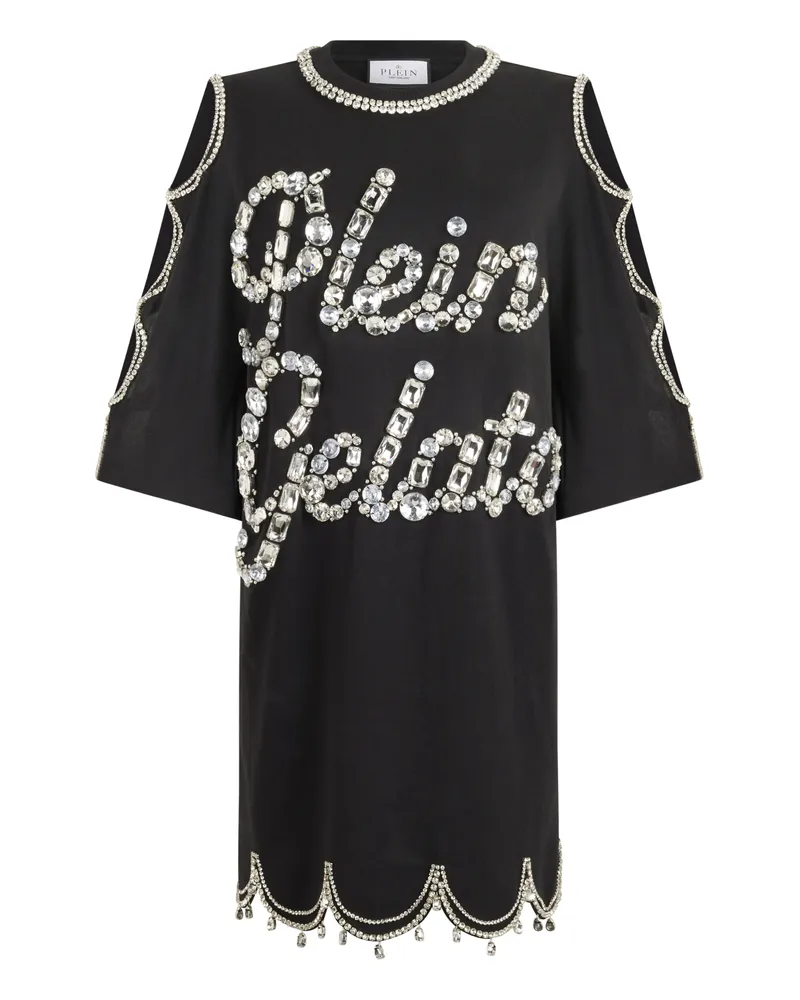 Philipp Plein Mini T-Shirt Dress Crystal Waves Schwarz