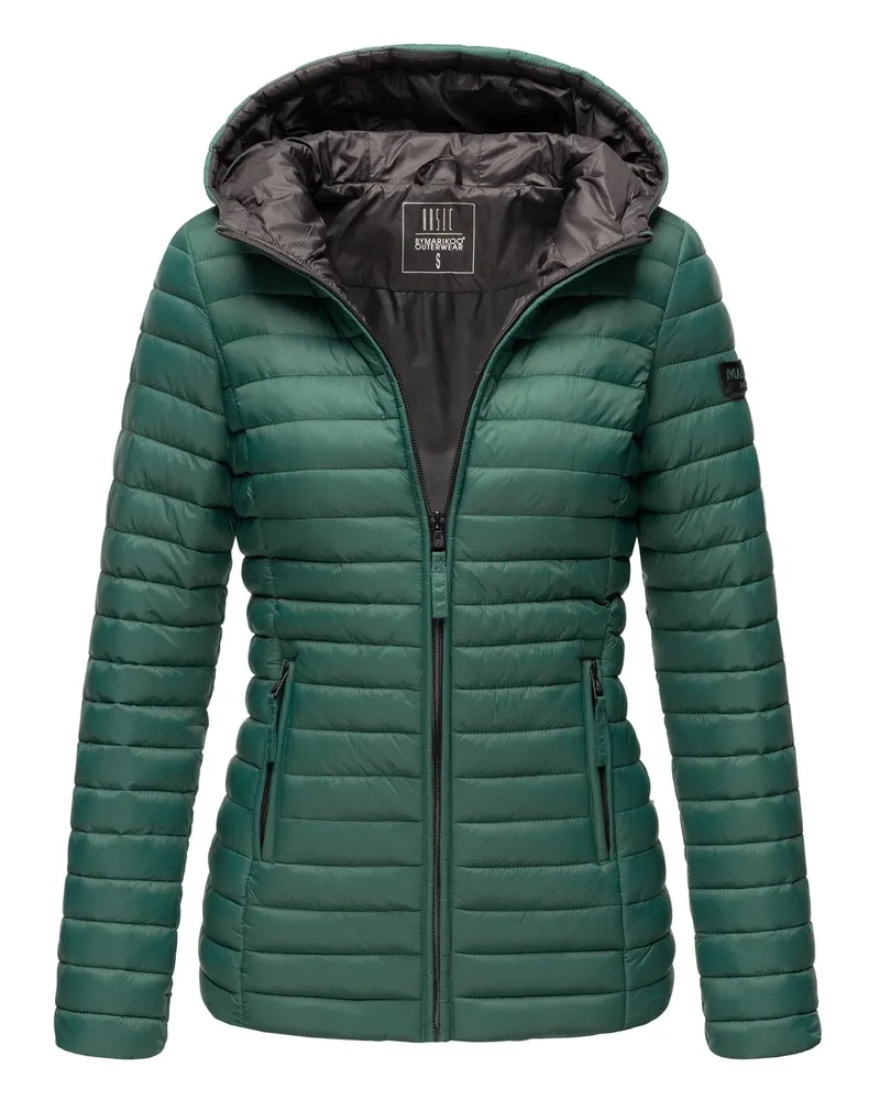Marikoo Damen Steppjacke – Asraa, leicht mit Kapuze & Kontrastfutter Grün