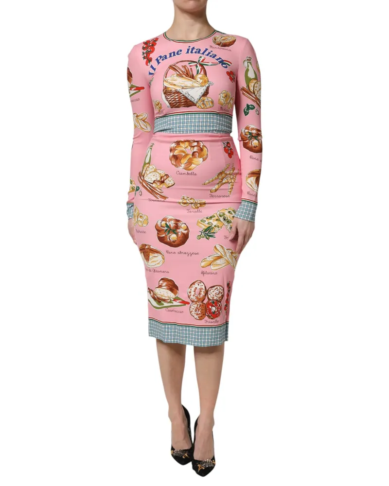 Dolce & Gabbana Italienisches Brot Print Midi-Kleid Rosa