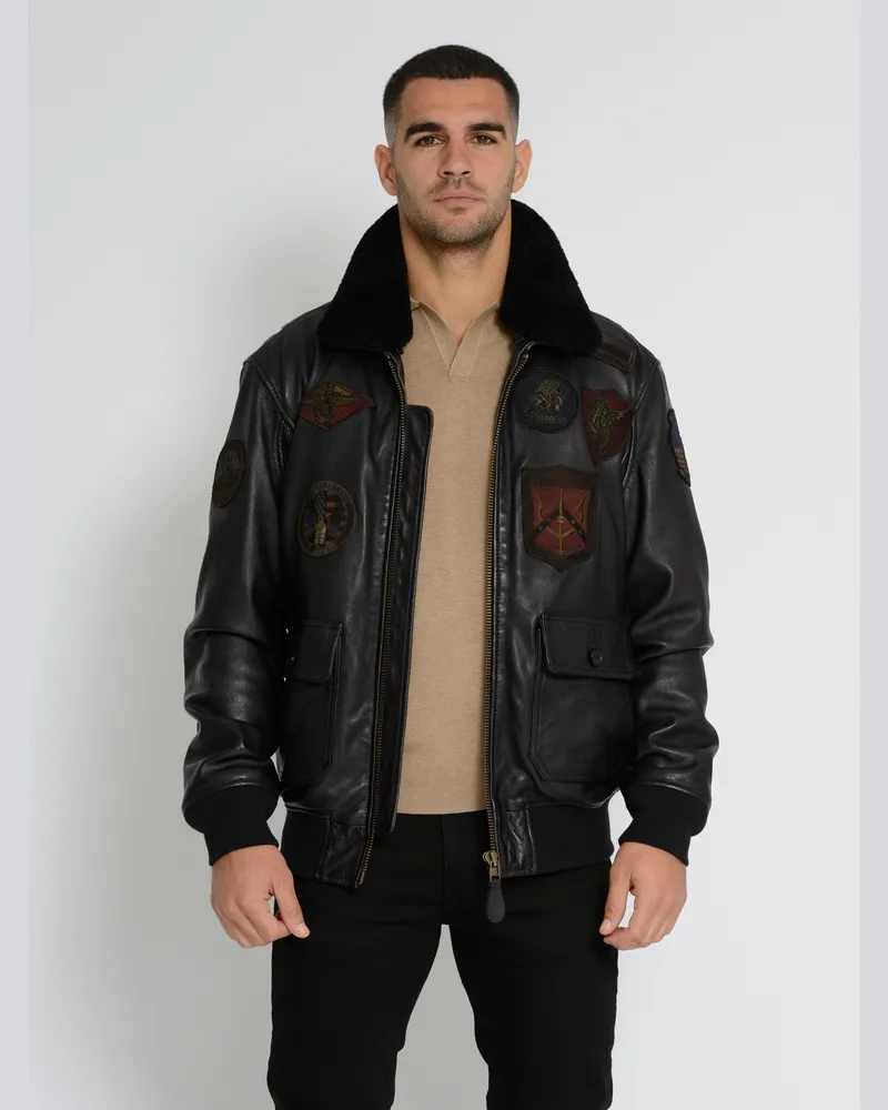 Top Gun Lederjacke TG2023004 mit Lammfellkragen - Schwarz Schwarz