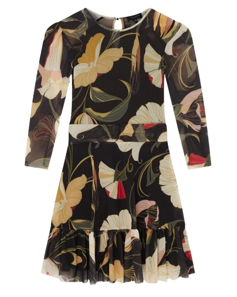 Ted Baker Schwarzes Mini-skaterkleid Von  Mit Gerafften Schultern Und Mesh-einsätzen Schwarz