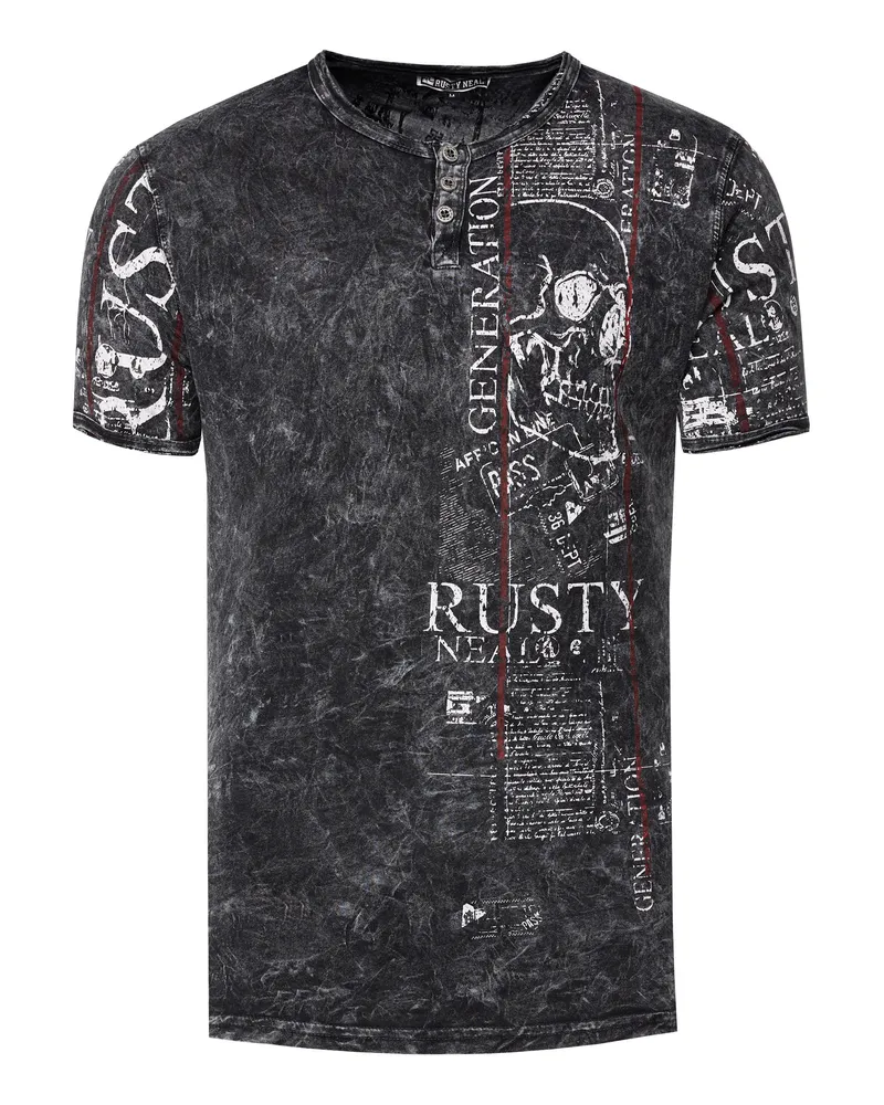 Rusty Neal Henley T-Shirt mit Knopfleiste und Seitlichen Front Prints Dunkelgrau
