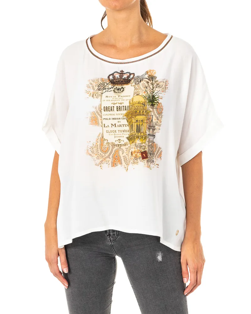 La Martina Damen Kurzarm-T-Shirt mit Rundhalsausschnitt LWRE32 Weiß