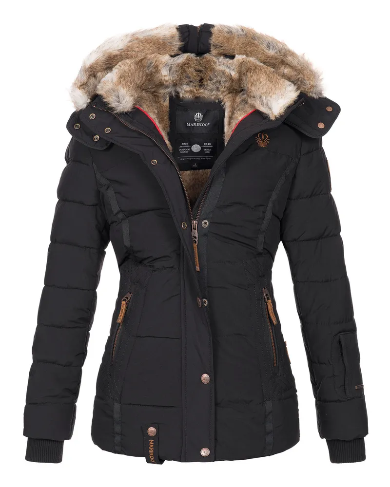 Marikoo Damen Winterjacke Nekoo mit Kunstfellkapuze & Teddy-Innenfutter Schwarz