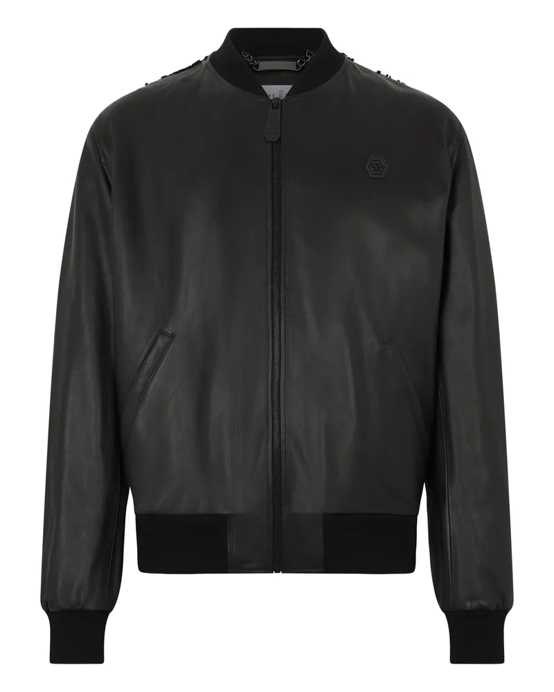 Philipp Plein Leather Bomber Dragon Skull Schwarz