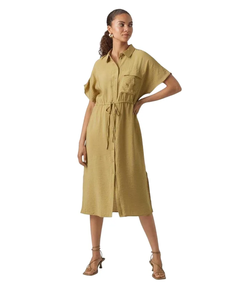 Vero Moda Iris" Midi Hemd Kleid für Damen, Mit Kragen (Khaki Khaki