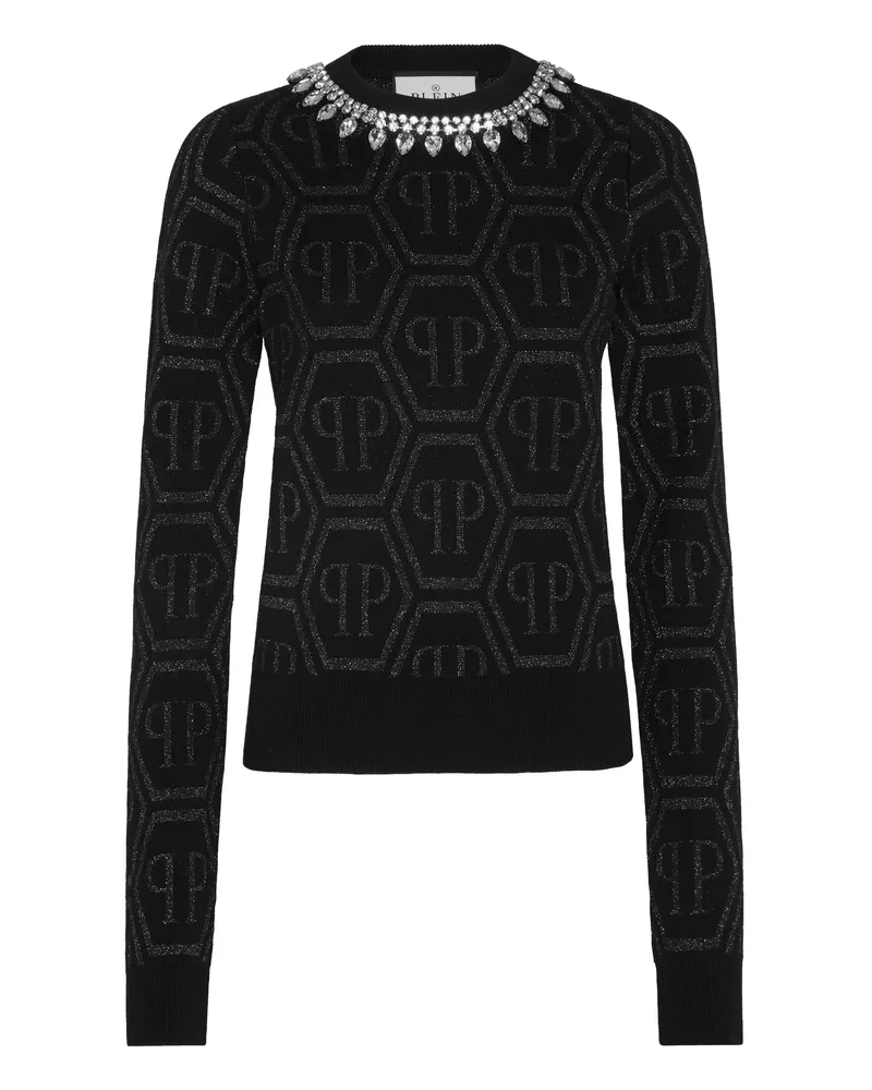 Philipp Plein Rundhalspullover Monogram mit Logo-Struktur, Regular Fit - Schwarz Schwarz