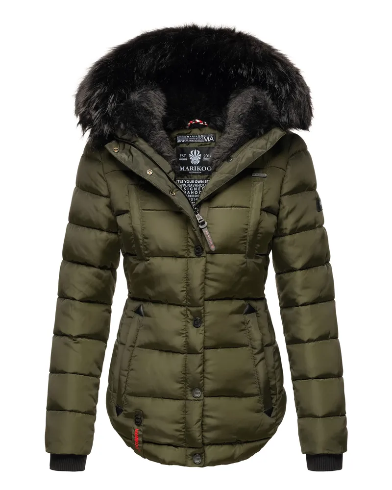 Marikoo Damen Winterjacke Lotusblüte mit Teddy-Innenfutter & Kunstfellkragen Grün