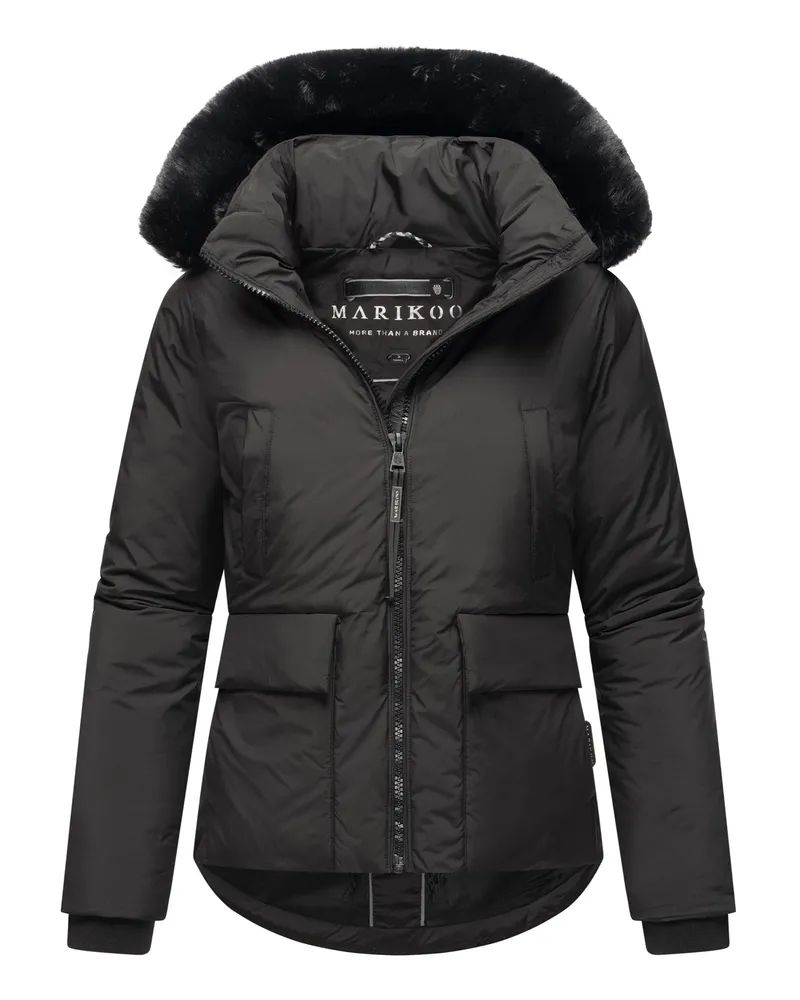 Marikoo Kurze Damen-Winterjacke mit Kunstfell und Teddyfutter – Morinaa - Schwarz Schwarz