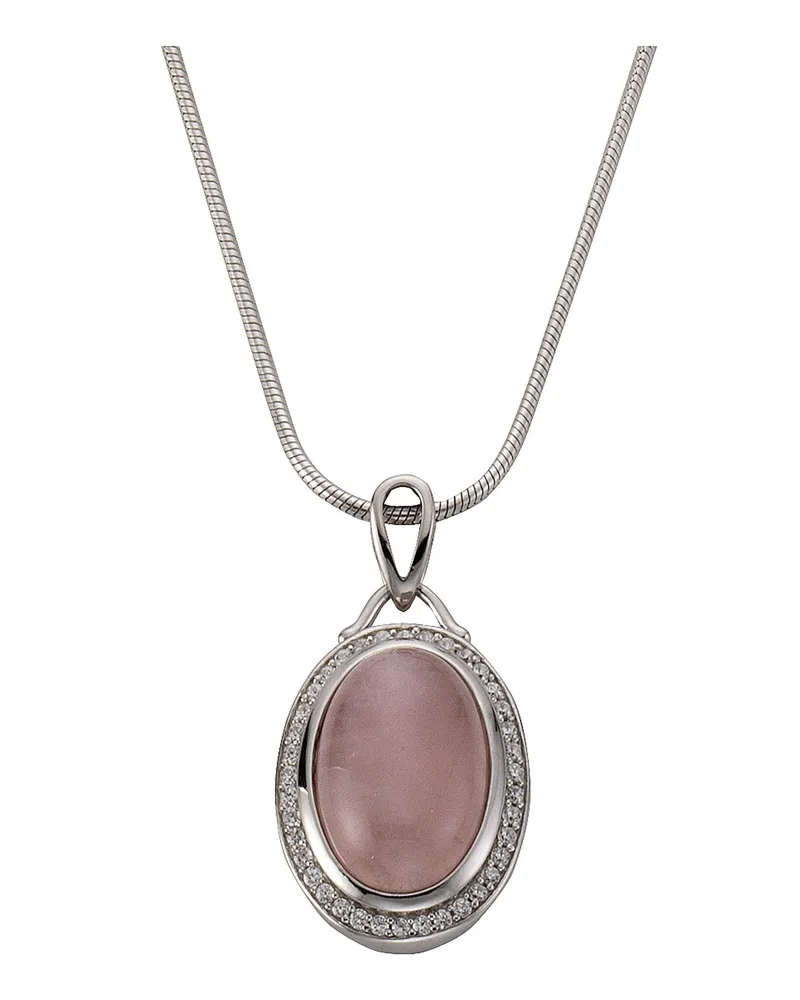 ZEEme Gemstones Halskette Silber 925 rhodiniert 42+5cm mit echtem Rosenquarz und Zirkonia-Steinen Silber