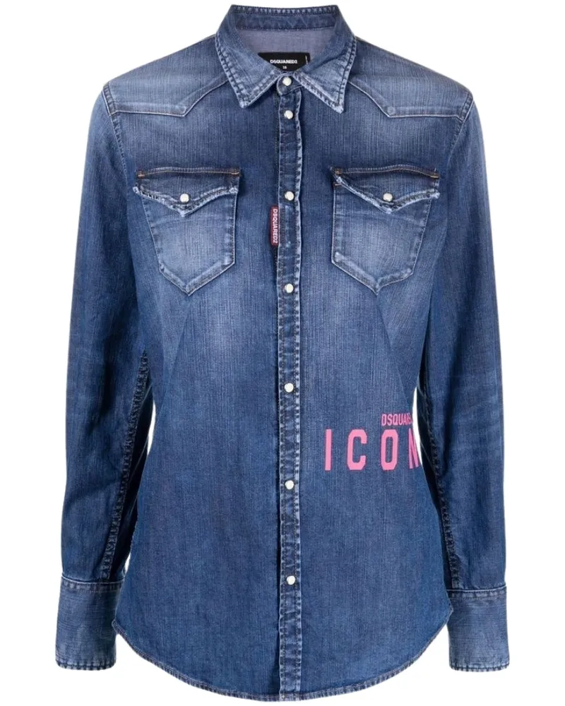 Dsquared2 Icon Print Western Denim Blaues Hemd Blau