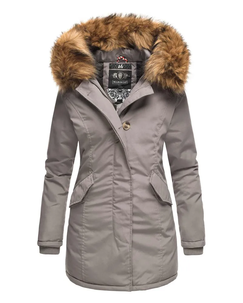 Marikoo Damen Winter Parka mit abnehmbarem Kunstfellkragen & Kapuze Grau