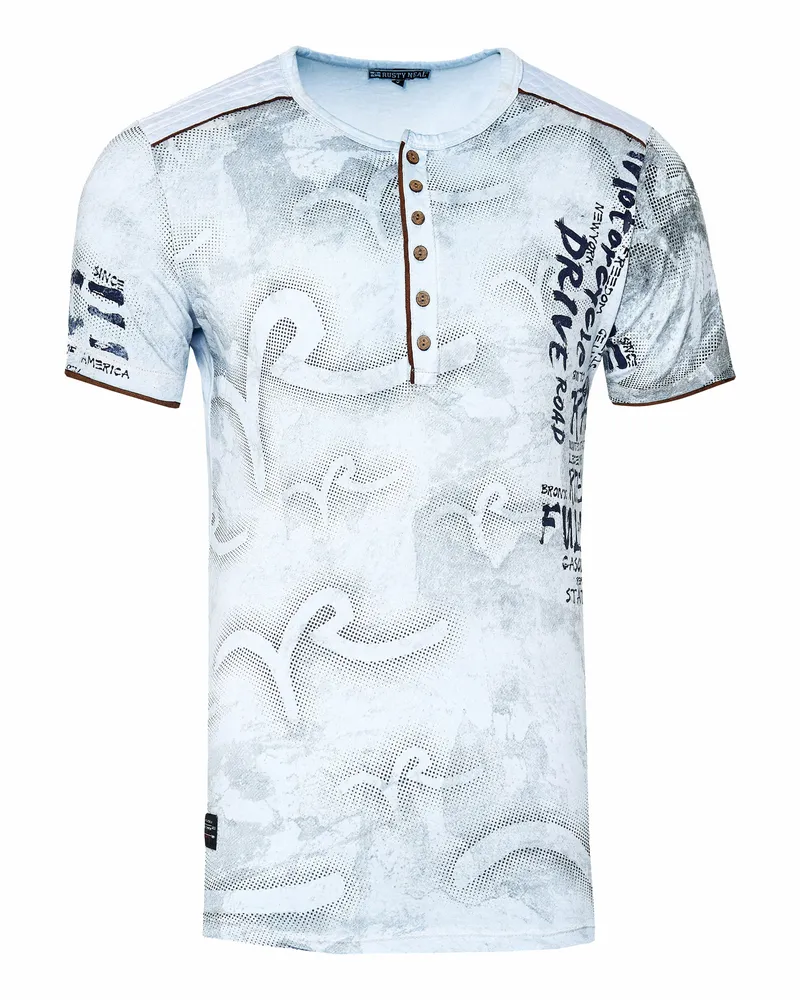Rusty Neal T-Shirt Verwaschen mit Knopfleiste Hellblau