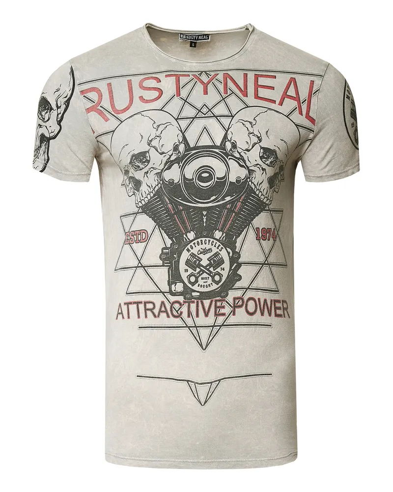 Rusty Neal Rocker-T-Shirt, light washed mit Skull-Print - Grau Grau