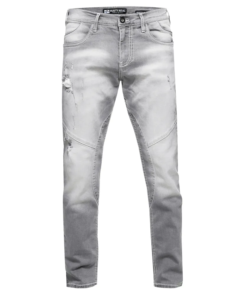 Rusty Neal Jeans Hose "NISHO" Straight-Fit Biker Cotton-Stretch Hellgrau