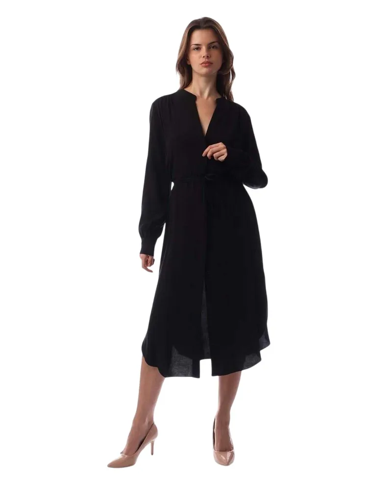 HUGO BOSS Dibanorah" Midi Hemd Kleid für Damen, Hals Kerbe, Langärmlig (Schwarz Schwarz