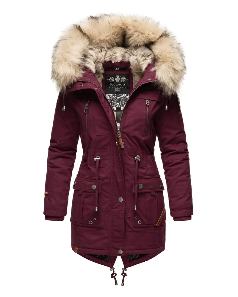NAVAHOO Premium Damen Winterjacke Honigfee – Warmer Parka mit Abnehmbarem Kunstfellkragen Rot