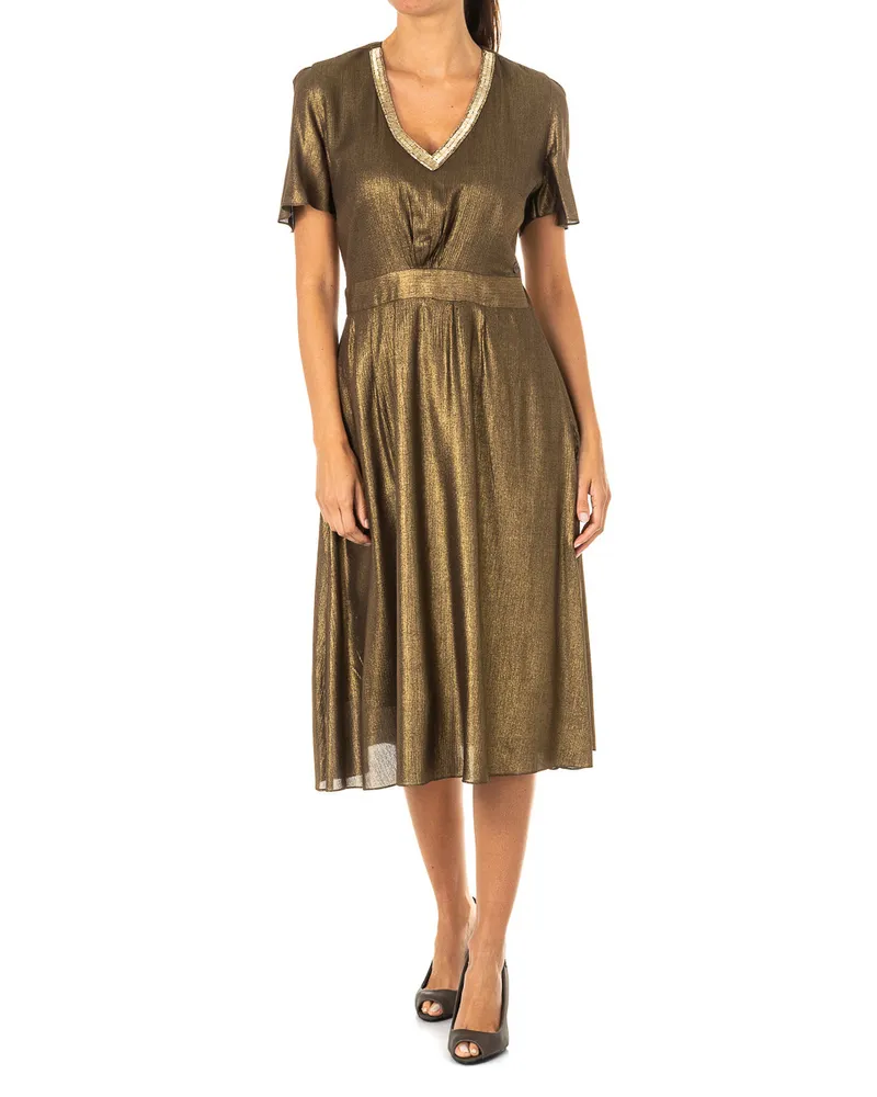 La Martina Kurzärmeliges Damen-Kleid mit V-Ausschnitt KWD007 Braun