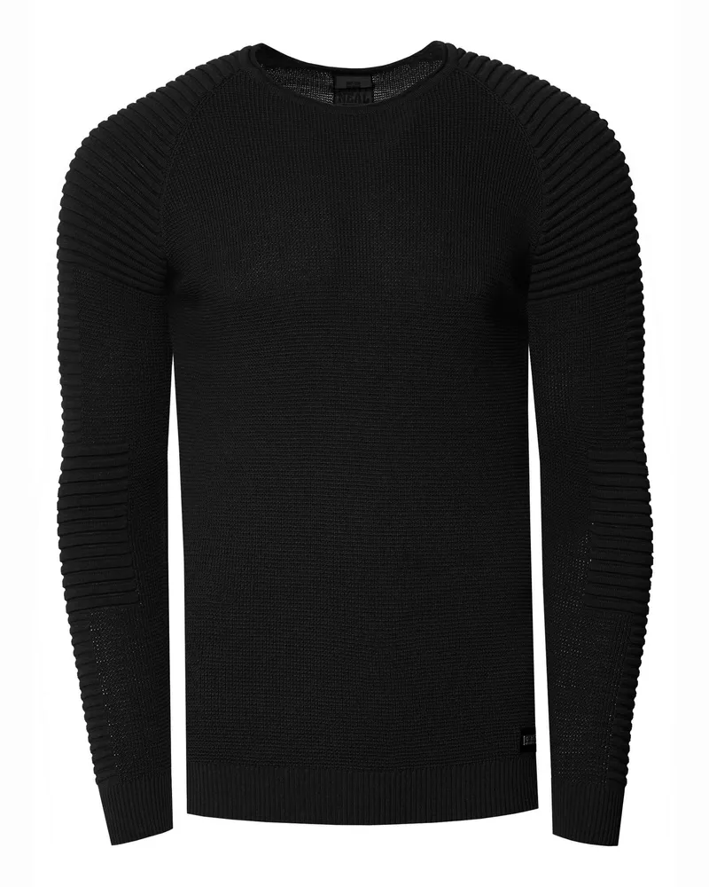 Rusty Neal Slim Fit Feinstrick Biker Rundhals-Pullover Schwarz
