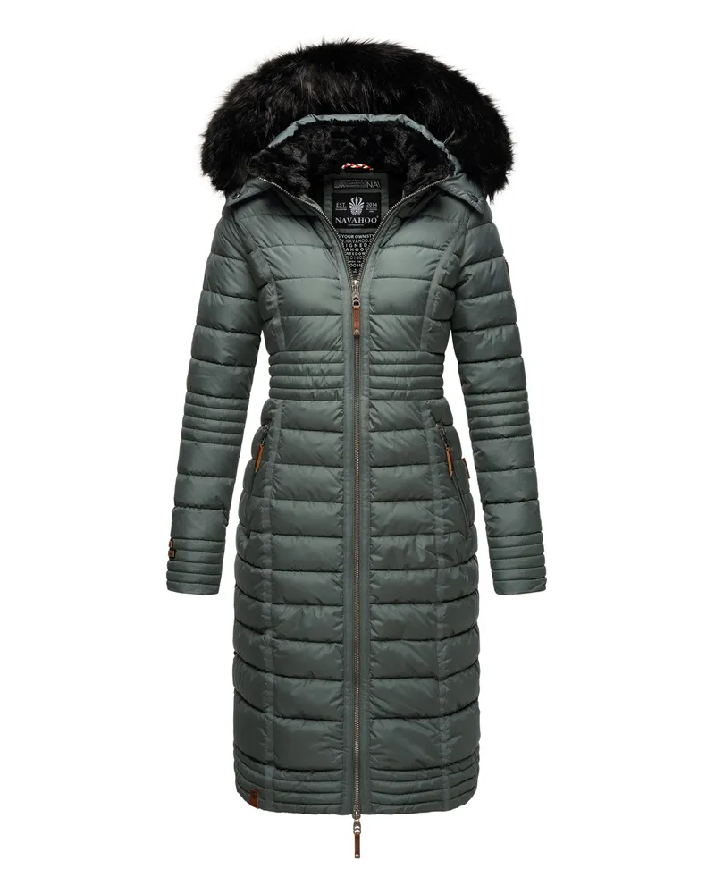 NAVAHOO Damen Winterjacke Umay – Lange Steppjacke mit Abnehmbarer Kapuze & Kunstfell Blau