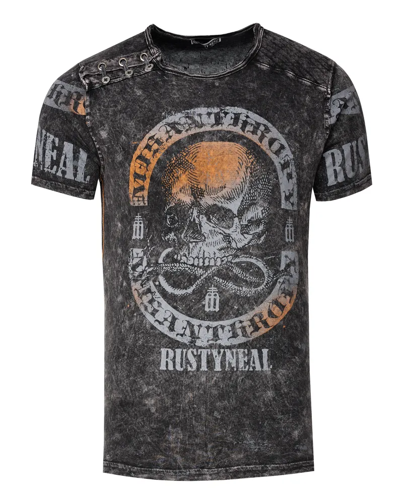 Rusty Neal Verwaschenes T-Shirt mit Seitlicher-Knopfleiste und Skull Print Dunkelgrau
