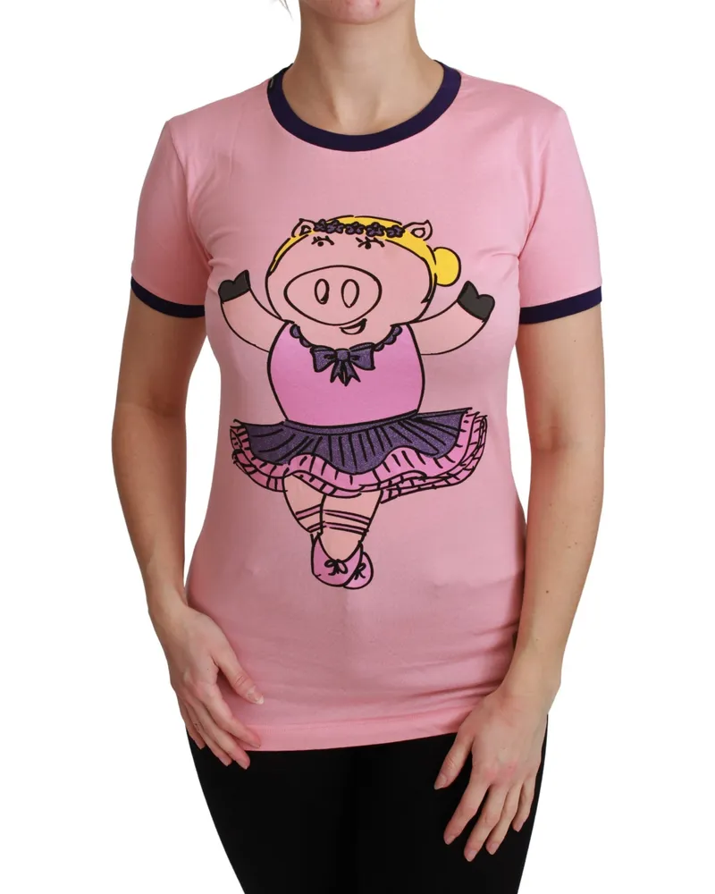 Dolce & Gabbana Schweine-Ballerina T-Shirt Kurzarm Hellrosa