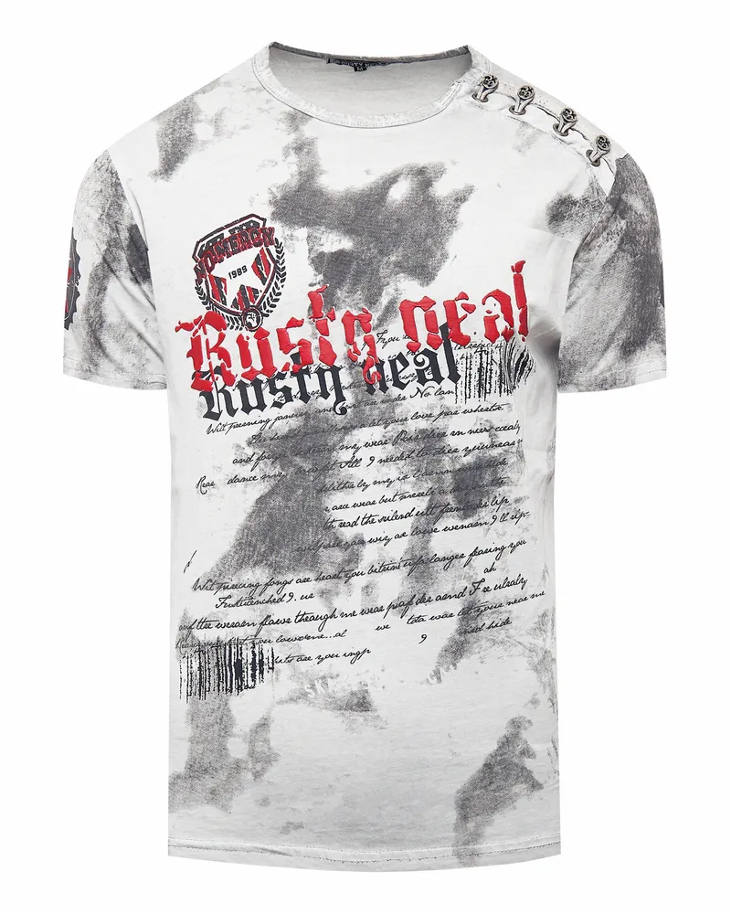 Rusty Neal T-Shirt Verwaschen mit Logo Print und Knopfleiste Grau