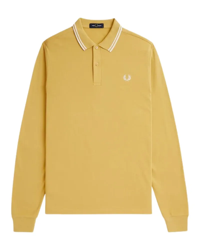 Fred Perry Schwarzes Langarm-poloshirt Mit Zweifarbigem Kragen Und Wabenmuster Gold